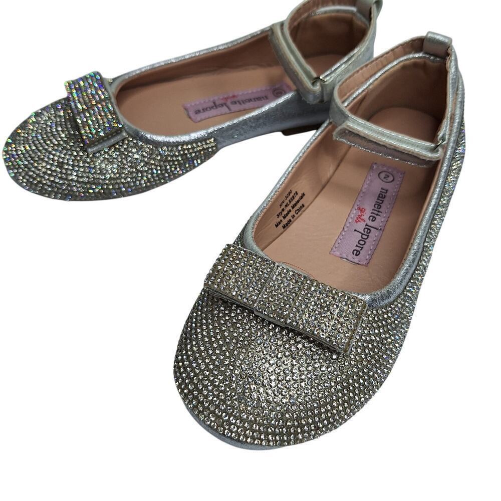 Nanette Lepore Girls Glitter Ballet Flats 2 Party Shoes Bling Rhinestone Bows